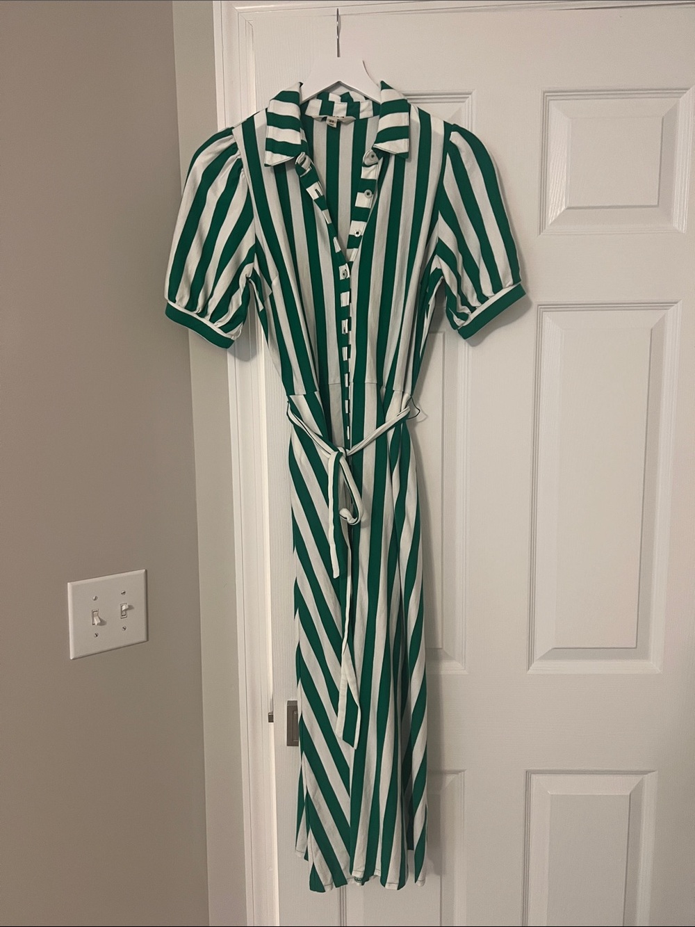 Boden Green and White Striped Midi Shirt Dress